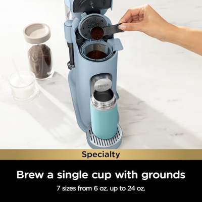 Ninja Pod & Grounds Specialty XL Single-Serve Coffee Maker, K-Cup Pod Compatible, Brews Grounds, Compact Design, Built-In Milk Frother, 68-oz. Reservoir, 6oz. Cup-24oz. Mug Sizes, Denim Blue, PB055ABL (XL Blue)