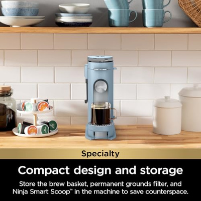 Ninja Pod & Grounds Specialty XL Single-Serve Coffee Maker, K-Cup Pod Compatible, Brews Grounds, Compact Design, Built-In Milk Frother, 68-oz. Reservoir, 6oz. Cup-24oz. Mug Sizes, Denim Blue, PB055ABL (XL Blue)