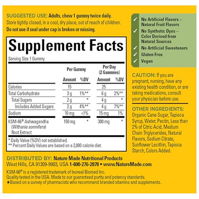 Nature Made Ashwagandha Gummies, Vegan, KSM 66 Ashwagandha for Stress Support, 60 Count, 30 Day Supply