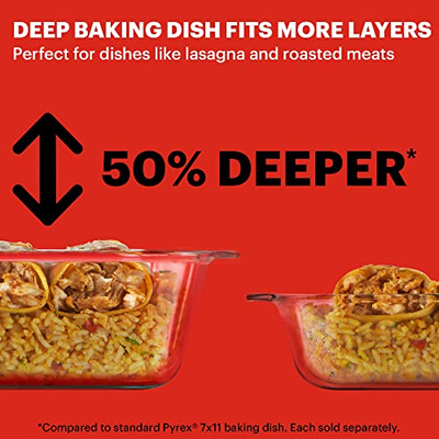 Pyrex Deep Glass Baking Dish with Plastic Lid, Deep Casserole Dish, Glass Food Container, Oven, Freezer and Microwave Safe, Clear Container, 7x11