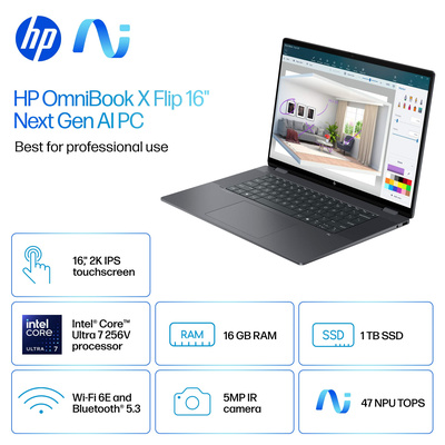HP - OmniBook X Flip 2-in-1 - Copilot+ PC - 16" 2K Touch-Screen Laptop - Intel Core Ultra 7 - 16GB Memory - 1TB SSD - Eclipse Gray