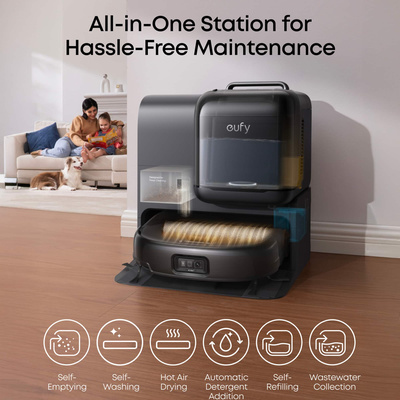eufy - Robot Vacuum Omni E28 and Roller Mop with Faster Self-Cleaning, Detangle Brush, Portable Carpet Cleaner, Edge Cleaning - Black