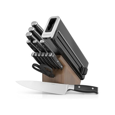 Ninja K52015 Foodi NeverDull 15 Piece Premium Knife System, Wood Series Block, German Stainless Steel, with Built-in Sharpener, Stainless Steel/Walnut (15pc Set - Wood)