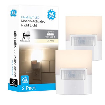 GE LED Motion Sensor Night Light, Plug into wall, 40 Lumens, Soft White, UL-Certified, Energy Efficient, Ideal Nightlight for Bedroom, Bathroom, Kitchen, Hallway, 46632, White, 2 Pack (2 Pack, White 40 Lumens)