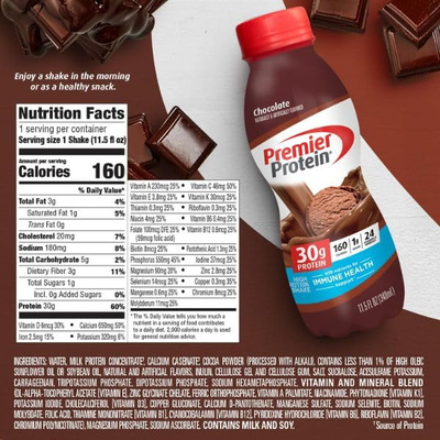 Premier Protein Shake, Chocolate, 30g Protein 1g Sugar 24 Vitamins Minerals Nutrients to Support Immune Health, 11.5 fl oz (Pack of 12) (Chocolate, 11.5 Fl Oz (Pack of 12))