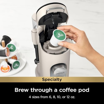 Ninja Pod & Grounds | Coffee Maker | XL Single-Serve | K-Cup Pod Compatible | Brews Grounds | Compact Design | Built-In Milk Frother | 68-oz. Reservoir, 6-oz. Cup to 24-oz. Mug Sizes | Stone |PB055AST (XL Stone)