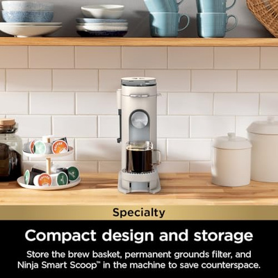 Ninja Pod & Grounds | Coffee Maker | XL Single-Serve | K-Cup Pod Compatible | Brews Grounds | Compact Design | Built-In Milk Frother | 68-oz. Reservoir, 6-oz. Cup to 24-oz. Mug Sizes | Stone |PB055AST (XL Stone)