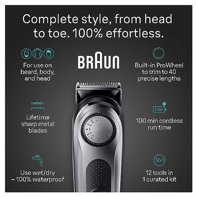 Braun All-in-One Men's Shaving Kit Series 7 7440, 12-in-1 Beard, Face, Nose, Ear Trimmer, Hair Clippers, Body Groomer and Manscaping (Silver, 13 Piece Set)