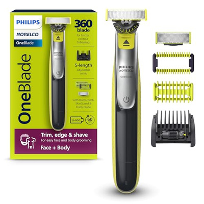 Philips Norelco OneBlade 360 Hybrid Blade for Face + Body, Electric Beard Trimmer, Shaver and Groomer, with 360 Blade Technology, 5in1 Adjustable Comb, 1x Body Kit, Model QP2834/70, Black/Lime Green (OneBlade 360 Face + Body, Black/Lime Green)