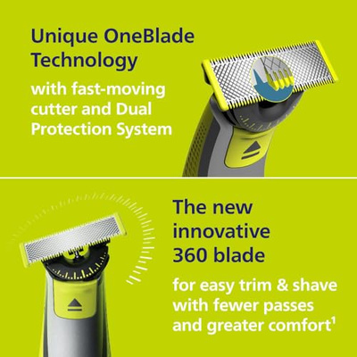 Philips Norelco OneBlade 360 Hybrid Blade for Face + Body, Electric Beard Trimmer, Shaver and Groomer, with 360 Blade Technology, 5in1 Adjustable Comb, 1x Body Kit, Model QP2834/70, Black/Lime Green (OneBlade 360 Face + Body, Black/Lime Green)