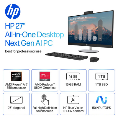 HP - Copilot+ PC 27" Full HD Touch-Screen All-in-One with Adjustable Height - AMD Ryzen AI 7 - 16GB DDR5 Memory - 1TB SSD - Jet Black