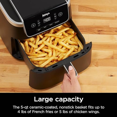 Ninja | Air Fryer | 4-in-1 Pro Air Fry, Roast, Reheat, Dehydrate | 5QT Capacity fits up to 4lbs of French Fries | 400F Max Temp | Nonstick Basket & Crisper Plate | 120V | Grey | AF141 (Black, 5 QT)