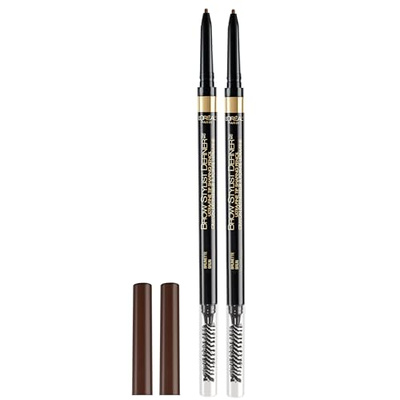 L'Oreal Paris Makeup Brow Stylist Definer Waterproof Eyebrow Pencil, Ultra-Fine Mechanical Pencil, Draws Tiny Brow Hairs and Fills in Sparse Areas and Gaps, Brunette, 0.003 Ounce (Pack of 2) (Brunette, 0.003 Ounce (Pack of 2))