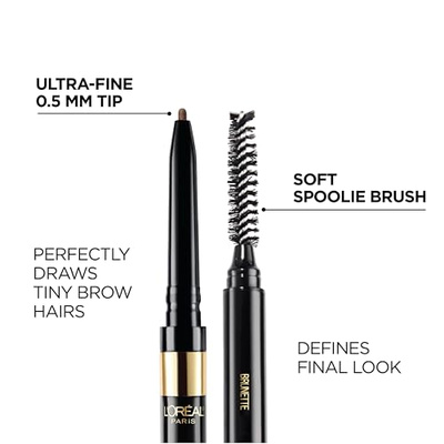 L'Oreal Paris Makeup Brow Stylist Definer Waterproof Eyebrow Pencil, Ultra-Fine Mechanical Pencil, Draws Tiny Brow Hairs and Fills in Sparse Areas and Gaps, Brunette, 0.003 Ounce (Pack of 2) (Brunette, 0.003 Ounce (Pack of 2))