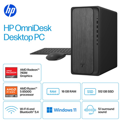 HP - OmniDesk Desktop - AMD Ryzen 5 - 16GB DDR5 Memory - 512GB SSD - Gray Wood
