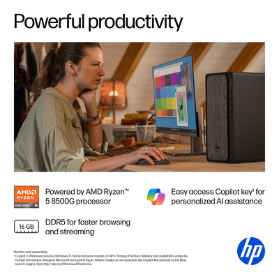 HP - OmniDesk Desktop - AMD Ryzen 5 - 16GB DDR5 Memory - 512GB SSD - Gray Wood
