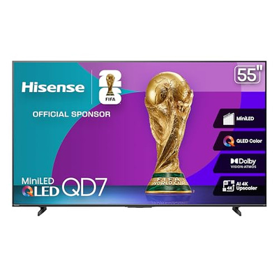 Hisense 55" Class QD7 Series Mini-LED 4K UHD Smart Fire TV (55QD7QF, 2025 Model) - QLED, HDR10+, Dolby Vision, Dolby Atmos, Game Mode Plus, ALLM, Alexa Built in with Voice Remote, Streaming TV, Black (55-Inch)