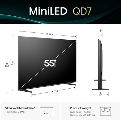 Hisense 55" Class QD7 Series Mini-LED 4K UHD Smart Fire TV (55QD7QF, 2025 Model) - QLED, HDR10+, Dolby Vision, Dolby Atmos, Game Mode Plus, ALLM, Alexa Built in with Voice Remote, Streaming TV, Black (55-Inch)