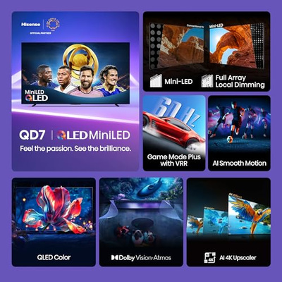 Hisense 55" Class QD7 Series Mini-LED 4K UHD Smart Fire TV (55QD7QF, 2025 Model) - QLED, HDR10+, Dolby Vision, Dolby Atmos, Game Mode Plus, ALLM, Alexa Built in with Voice Remote, Streaming TV, Black (55-Inch)