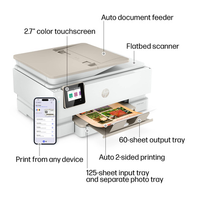HP - Envy Inspire 7955e Wireless AI-Enabled AiO Inkjet Photo Printer w/ 3 Mo. of Instant Ink (+1 Bonus Month w/ Code) - White & Sandstone